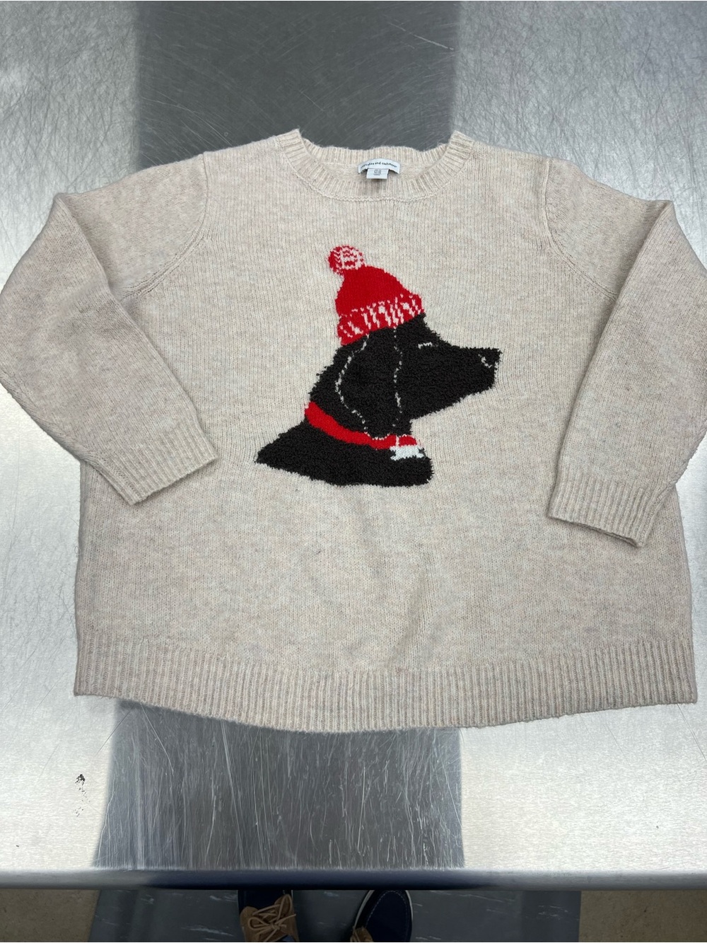 Cupcakes & Cashmere Beige Crewneck Sweater with Brown Dog Motif Women’s 1X